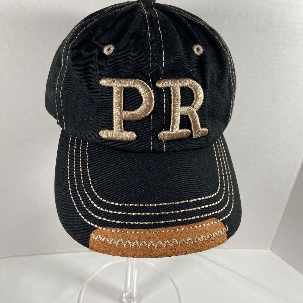 Puerto Rico PR Black Gold Adjustable Cotton Baseball Cap Suede Trim